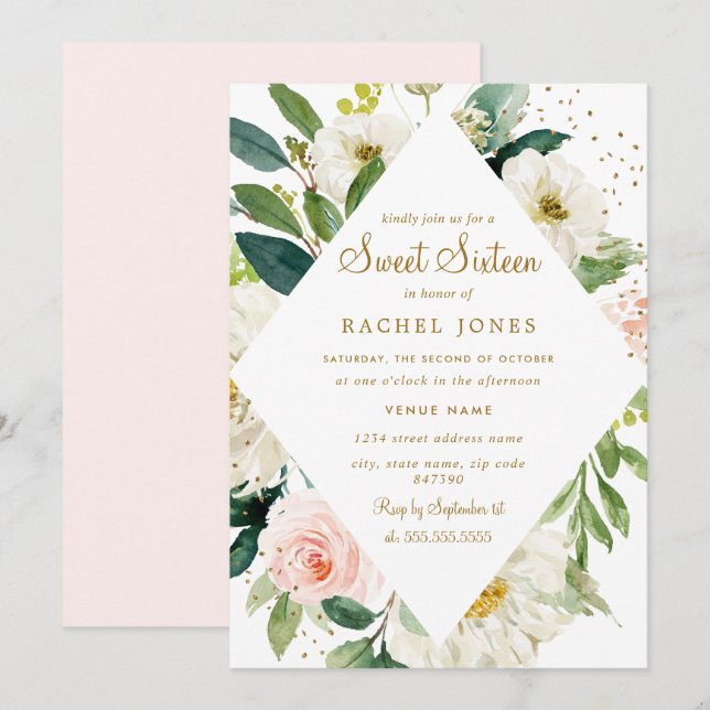 Invitación Floral Rosa Rubor Gold Sweet 16 Invitado (Anverso / Reverso)