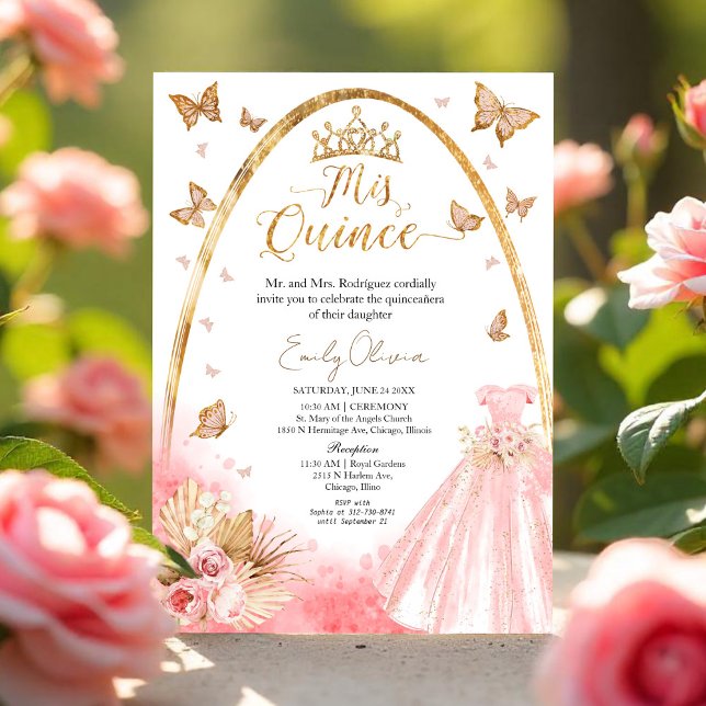 Invitación Floral Rosa Rubor Gown Quinceanera (Subido por el creador)