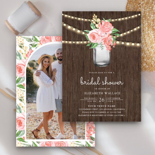 Invitación Floral rosa Rubor Mason Jar Foto Ducha de novia (Subido por el creador)