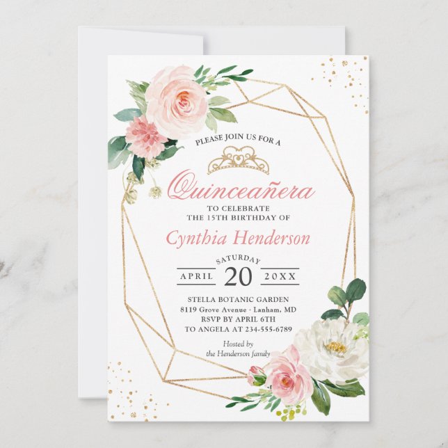 Invitación Floral rosa Rubor moderna Quinceañera 15 años (Anverso)