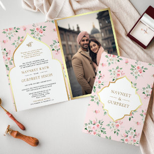Invitación Floral rosa Rubor todo en un Boda de Anand Karaj