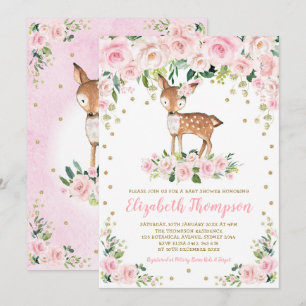 Invitación Floral rosa Rubor Woodland Deer Baby Shower