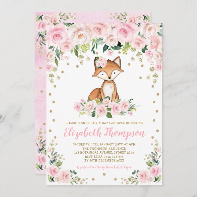 Invitación Floral rosa Rubor Woodland Fox Baby Shower (Anverso / Reverso)