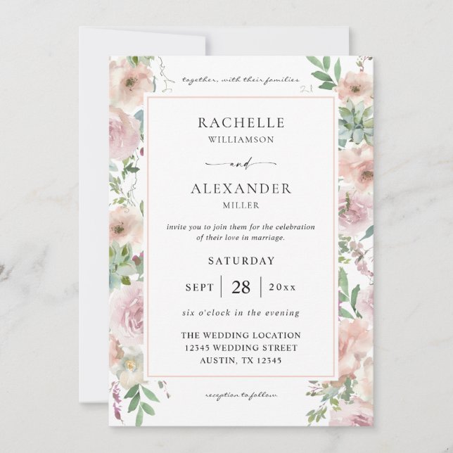 Invitación Floral rosa Rubor y Boda suculento 2 (Anverso)
