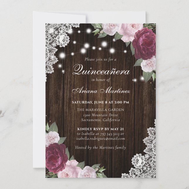 Invitación Floral rosa rugosa Rubor Quinceañera (Anverso)