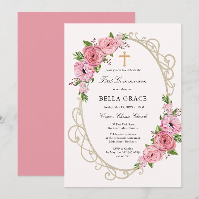 Invitación Floral rosa rusa primera comunión sagrada (Anverso / Reverso)