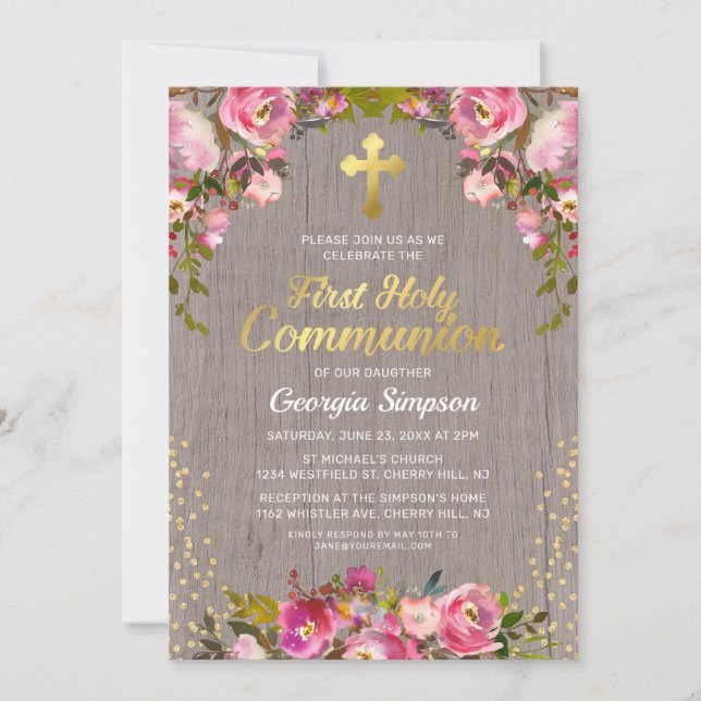 Invitación Floral rosa rusa primera comunión sagrada (Anverso)