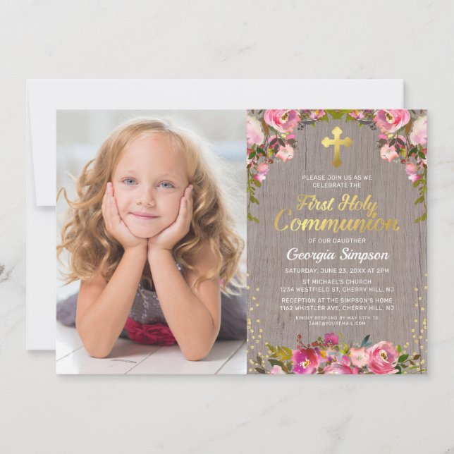 Invitación Floral rosa rusa primera foto de la Santa Comunión (Anverso)