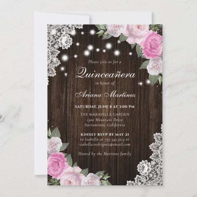 Invitación Floral rosa Rústica Rubor Quinceañera (Anverso)