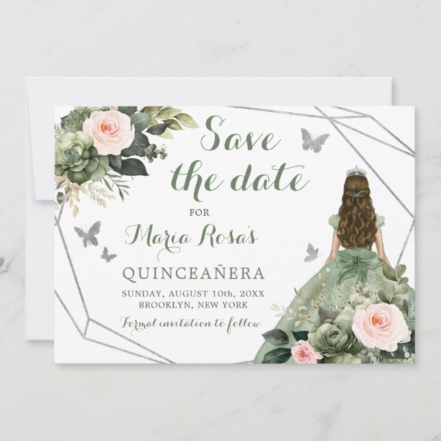 Invitación Floral rosa Sage Green Rubor Quinceañera (Anverso)