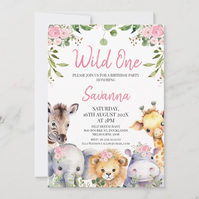 Invitación Floral rosa salvaje un Safari animales primer cump (Anverso)