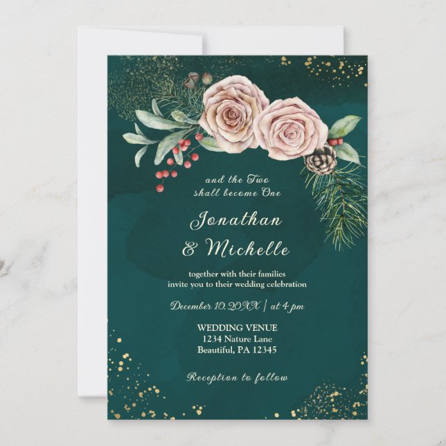 Invitación Floral rosa sobre Boda cristiano verde (Anverso)