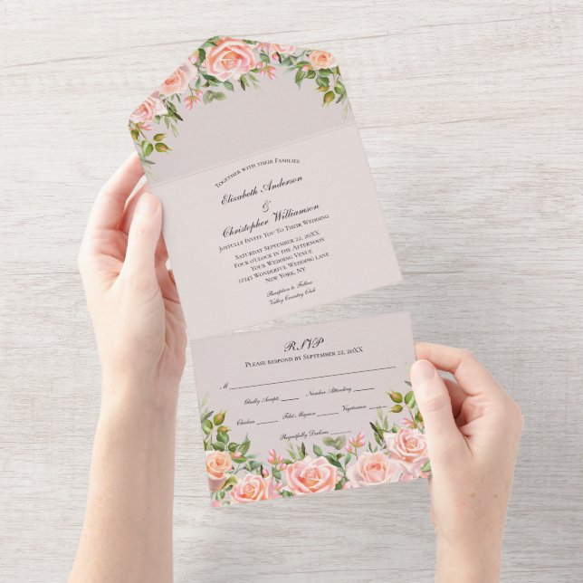 Invitación floral rosa sonrojado todo en uno para  (desgarro)