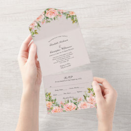 Invitación floral rosa sonrojado todo en uno para 