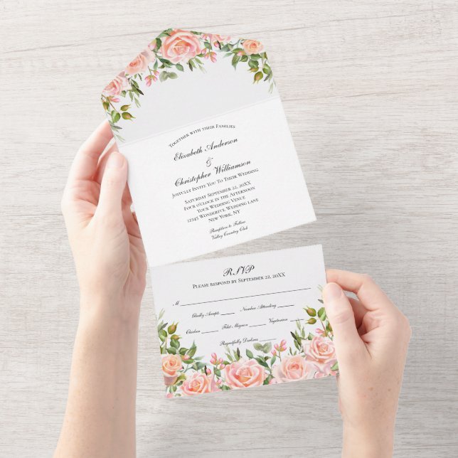 Invitación floral rosa sonrojado todo en uno para  (desgarro)