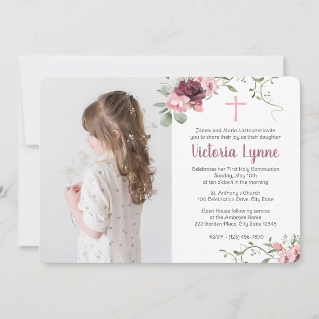 Invitación Floral rosa suave de primera comunión con foto (Anverso)