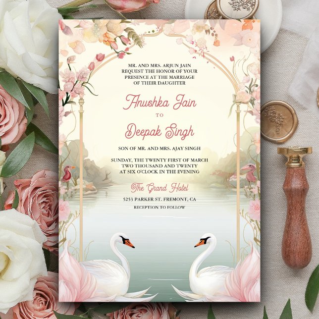 Invitación Floral rosa suave romántica Cisne indio Boda (Subido por el creador)