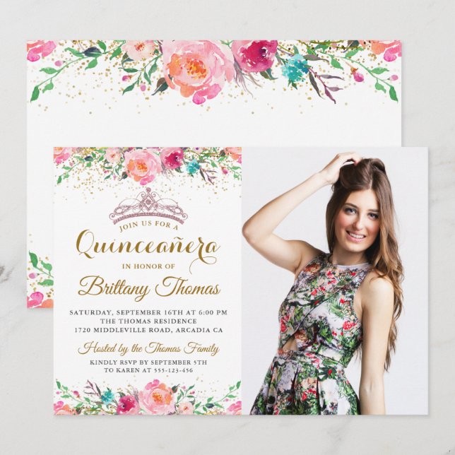Invitación Floral rosa Tiara Quinceanera 15 años foto (Anverso / Reverso)