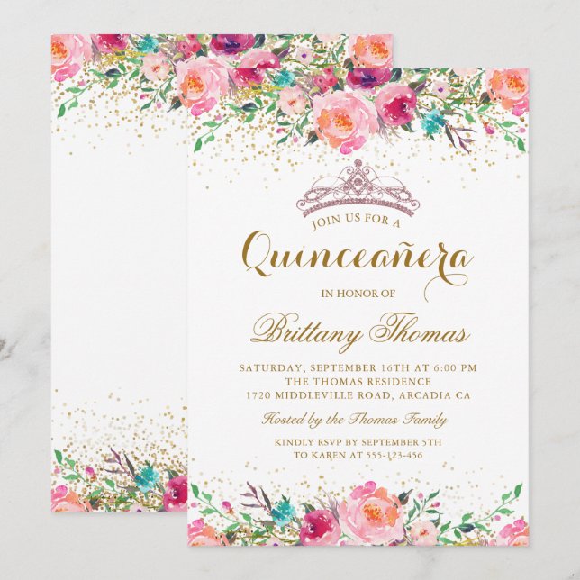 Invitación Floral rosa Tiara Quinceanera Invite a cumplir 15  (Anverso / Reverso)