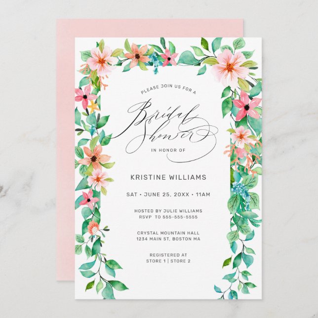 Invitación Floral rosa tropical moderna Script Bridal Shower  (Anverso / Reverso)