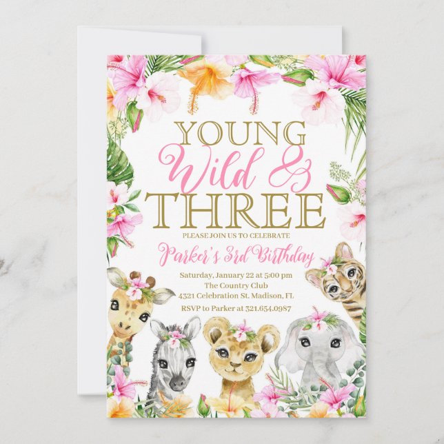 Invitación Floral rosa tu salvaje y Chica de cumpleaños de tr (Anverso)