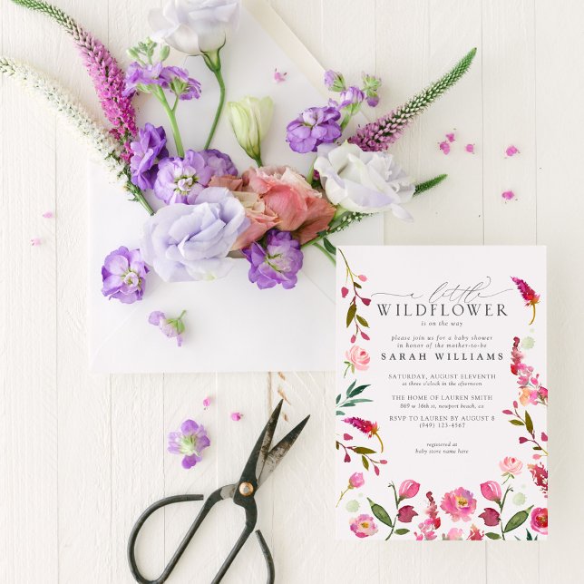 Invitación Floral Rosa Una Pequeña Ducha Acuática De Flor Sil (Easily personalize this beautiful little wildflower invitation with your personal details)