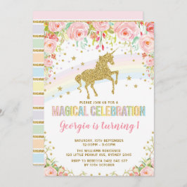 Invitación Floral rosa unicornio Fiesta arcoiris de cumpleaño
