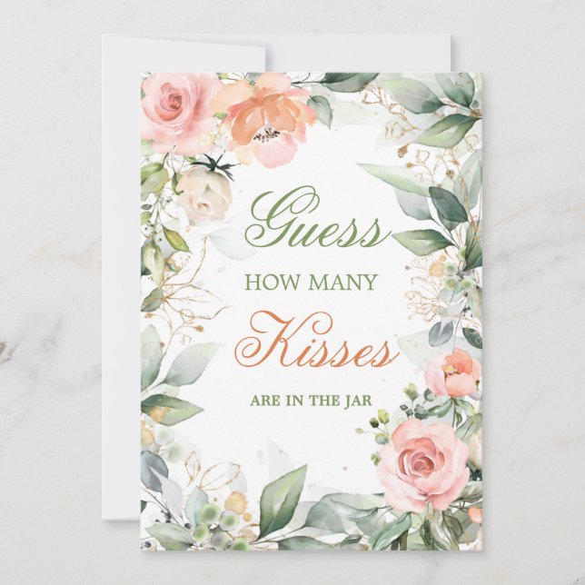 Invitación Floral rosa, verde adivina cuántos besos de juego (Anverso)