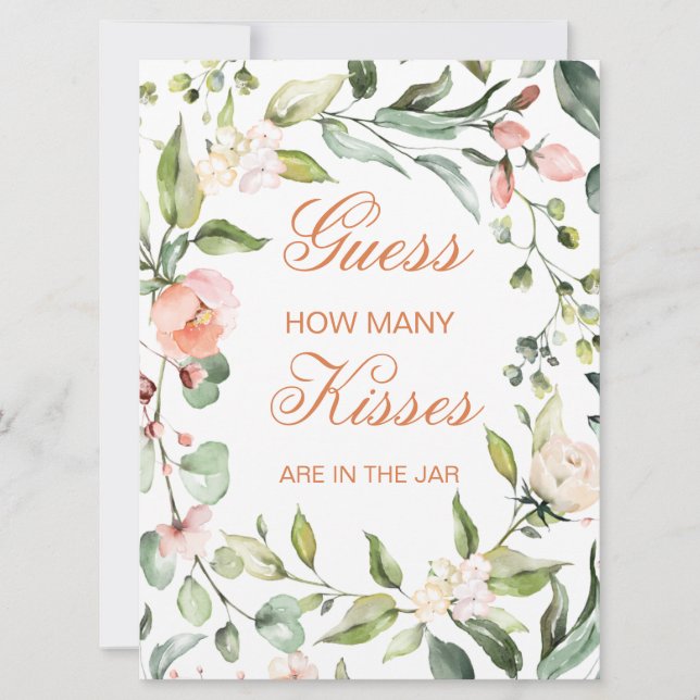 Invitación Floral rosa, verde adivina cuántos besos de juego (Anverso)