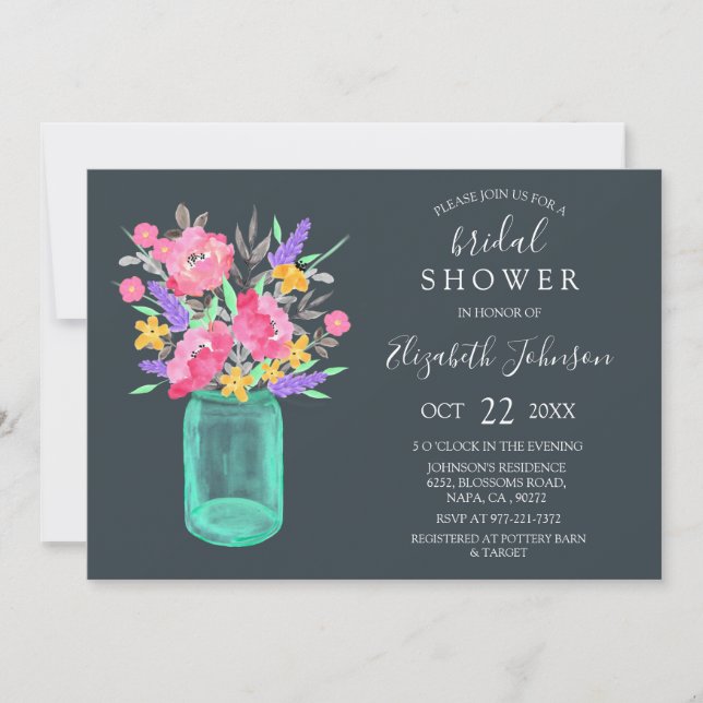 Invitación Floral rosa Verde azulada Mason Jar Rustic Bridal  (Anverso)