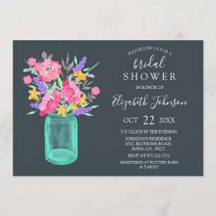Invitación Floral rosa Verde azulada Mason Jar Rustic Bridal 