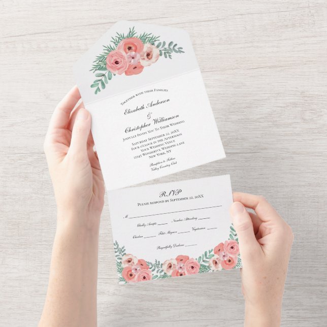 Invitación floral rosa verde para boda todo en uno (desgarro)