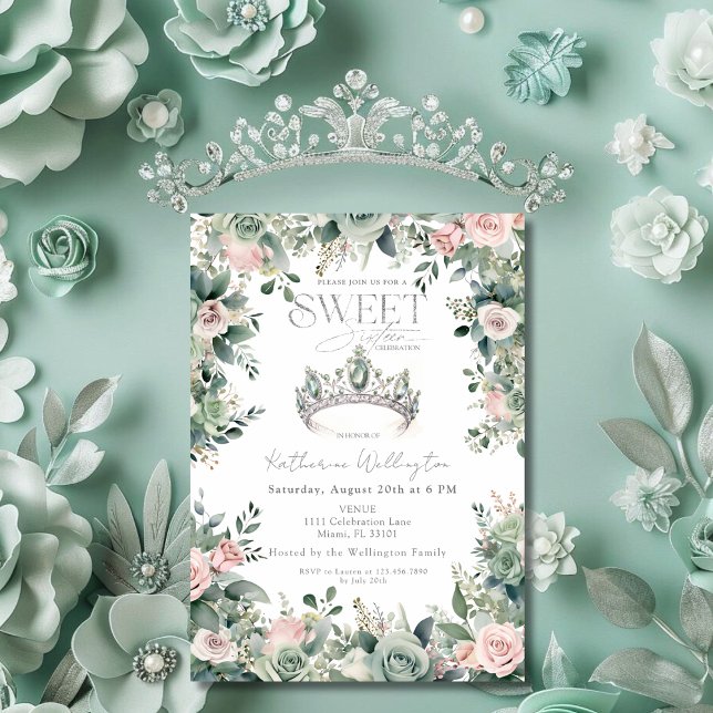 Invitación Floral rosa verde sabio Tiara Crown Silver Sweet 1 (Sage Green Pink Floral Tiara Crown Silver Sweet 16 Invitation)
