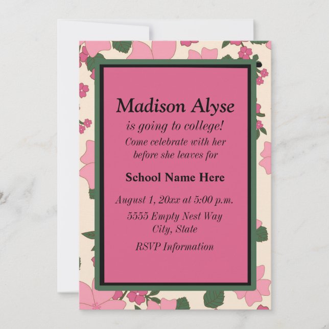 Invitación floral rosa vintage "A la universidad" (Anverso)