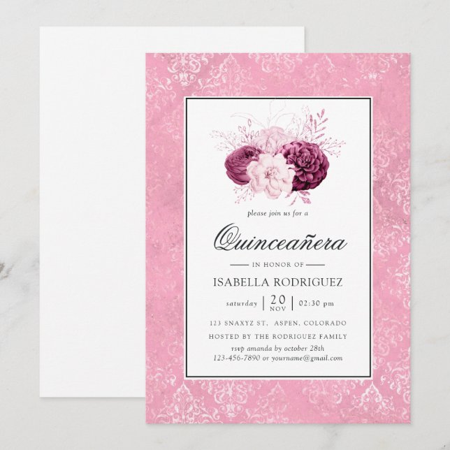 Invitación Floral rosa vintage Quinceañera (Anverso / Reverso)