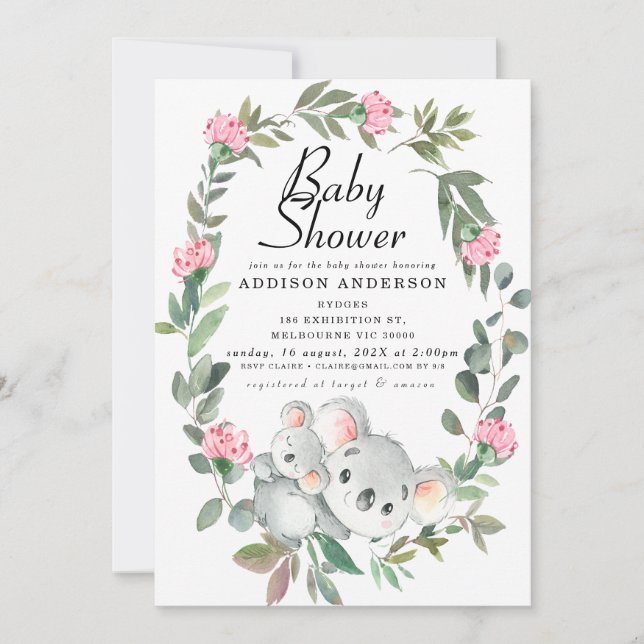 Invitación Floral rosa Wreath Koala Bear Baby Shower (Anverso)