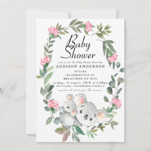 Invitación Floral rosa Wreath Koala Bear Baby Shower
