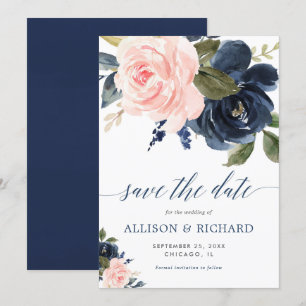 Invitación Floral rosa y azul marino de Rubor salva la fecha