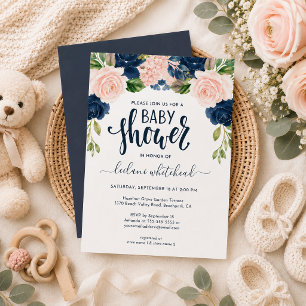 Invitación floral rosa y azul marino para baby sho