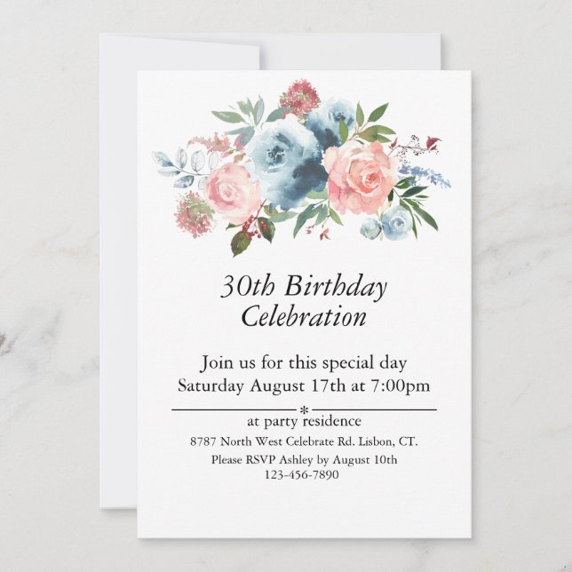 Invitación Floral rosa y azul, Personalizable 30. Cumpleaños (Anverso)