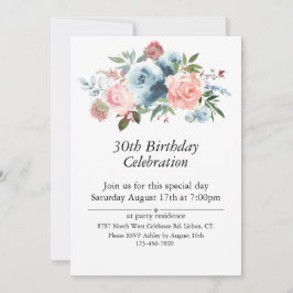 Invitación Floral rosa y azul, Personalizable 30. Cumpleaños