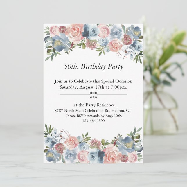 Invitación Floral rosa y azul, Personalizable 50. Cumpleaños (Anverso de pie)