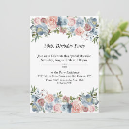 Invitación Floral rosa y azul, Personalizable 50. Cumpleaños