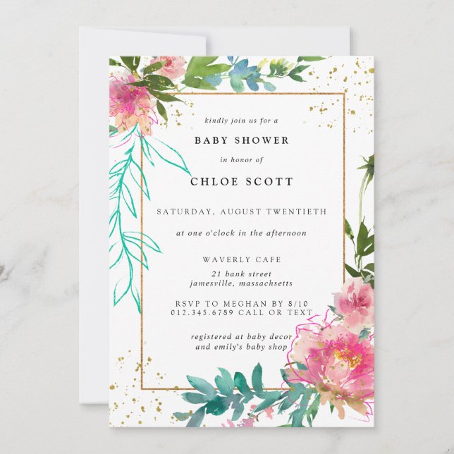 Invitación Floral rosa y Baby Shower elegante dorado (Anverso)
