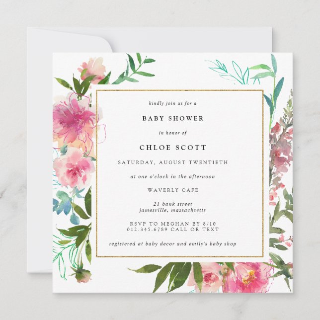 Invitación Floral rosa y Baby Shower elegante dorado (Anverso)