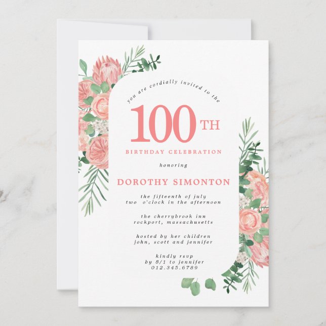 Invitación Floral rosa y blanca 100 cumpleaños (Anverso)