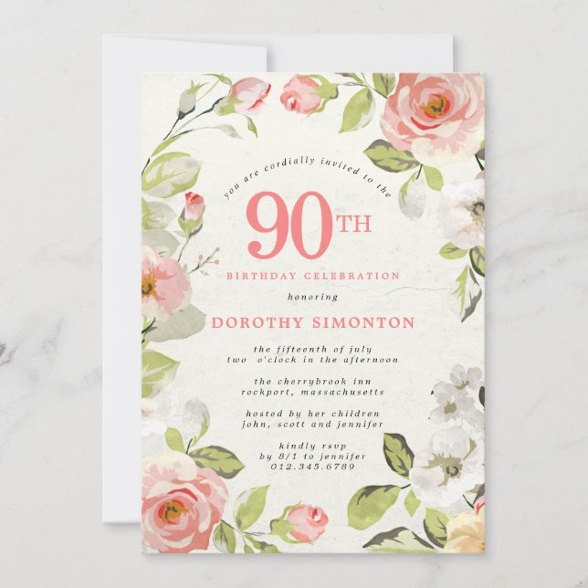 Invitación Floral rosa y blanca 90 cumpleaños (Anverso)