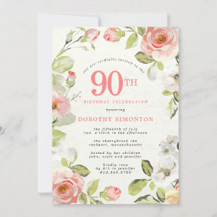 Invitación Floral rosa y blanca 90 cumpleaños