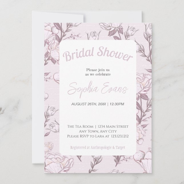 Invitación Floral rosa y blanca bordeada de ducha de novias (Anverso)