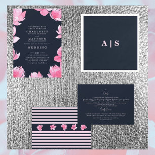 Invitación Floral rosa y Boda acuarela de la Marina Oscura